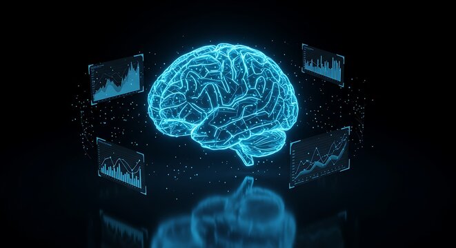 Glowing Blue Digital Brain with AI-Powered Financial Forecasting