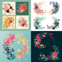 Colorful floral arrangements in decorative borders and bouquets.