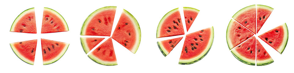 Set of watermelon slices arranged in the shape of a pie chart, isolated on a transparent background.