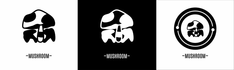 Mushroom logo set. Collection of black and white logos. Stock vector.