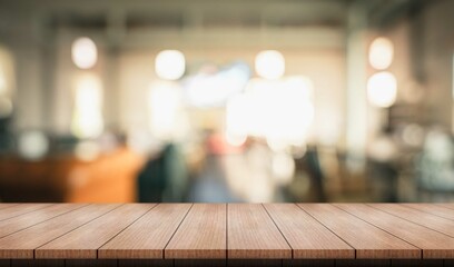 Empty wooden table top with lights bokeh on blur restaurant background.