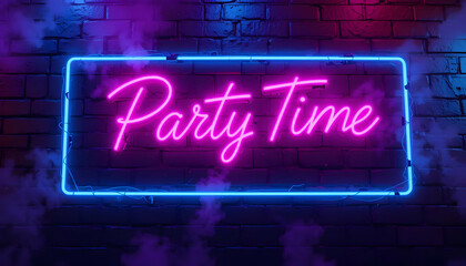 Vibrant Neon Party Time Sign Glowing Pink and Blue Lettering on Brick Wall Background