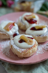 fresh pancakes with stewed rhubarb
