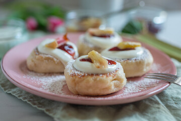 fresh pancakes with stewed rhubarb