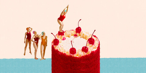 Women in colorful retro swimsuits standing next to giant cherry cake and diving inside against pastel background. Party. Contemporary art collage. Summer, vacation, surrealism, creative design concept