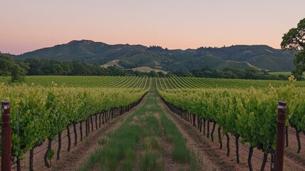 Fototapeta premium Vineyard sunset landscape green rows