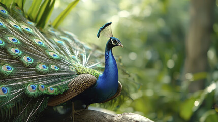 Obraz premium vibrant peacock displaying its colorful feathers in lush environment, showcasing nature beauty and elegance