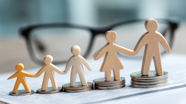 Wooden family figurines standing on stacks of coins symbolizing family insurance, financial planning and support across generations ideal for life insurance visuals and wealth protection