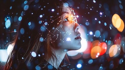 Young Asian female with long hair and glowing tech interface elements projected on face looking upward in dark futuristic environment symbolizing artificial intelligence facial recognition.