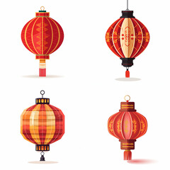 Four decorative chinese lanterns in various colors and patterns.