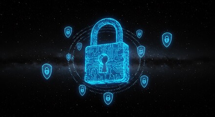 Glowing Blue Padlock with Holographic Security Shields for LLM