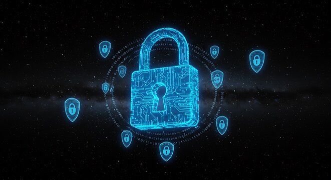 Glowing Blue Padlock with Holographic Security Shields for LLM