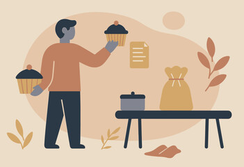 handling coffee break supplies man with mug, paperwork, table, bench, nature elements