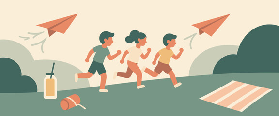Fototapeta premium vibrant illustration of children running in nature