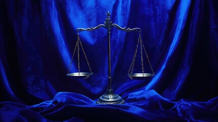Classic brass balance scales on a deep blue velvet backdrop reflecting tradition and legal symbolism