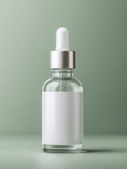Elegant serum bottle mockup with blank label against soft green backdrop