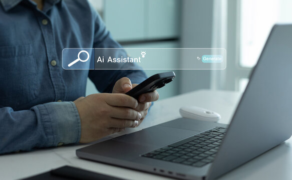 Person searching for information with the help of Ai assistant.Virtual assistant, artificial intelligence Bot and CRM software automation technology.Ai generator documents,bot writing and coding.