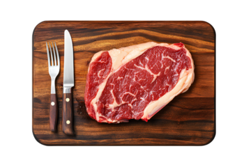 Pajamas, ribeye steak on a wooden board with a knife and fork, isolated on a transparent background