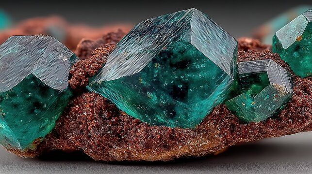 Dark green dioptase exhibits brilliant emerald-green crystals of a copper cyclosilicate mineral.