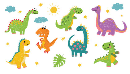 Cute funny dinosaurs, children's drawings. Doodles. Isolated vector illustration on white background