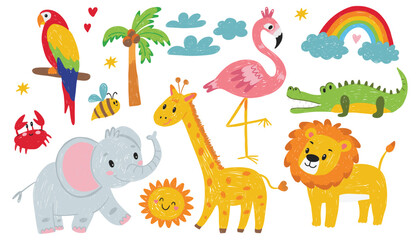 Fototapeta premium Animals in a child style, doodles. Lion, elephant, flamingo, giraffe, parrot, crocodile, crab. Kids' drawings
