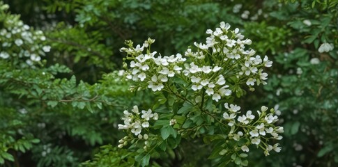 Abundant tiny white flowers adorn a slender branch, surrounded by rich green leaves , beautiful bloom, bloom