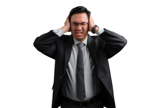 Handsome Asian businessman in suit covering ears, feeling frustrated, isolated on transparent background