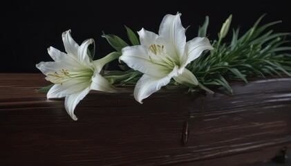 Obraz premium A solitary white lily with a gracefully curved stem rests on a dark coffin , hope, white flower, image