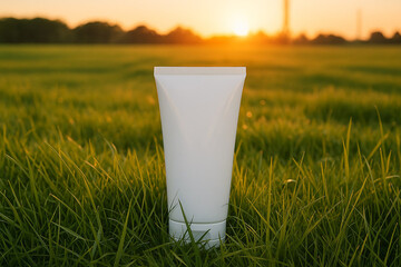 A mockup of an image of a white empty tube of cream. The concept of environmental friendliness of the product, natural cosmetics, natural ingredients