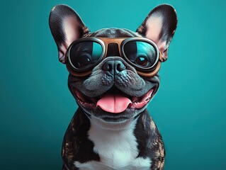 Stylish French Bulldog in black harness and reflective goggles, playful tongue sticking out against vibrant teal backdrop.