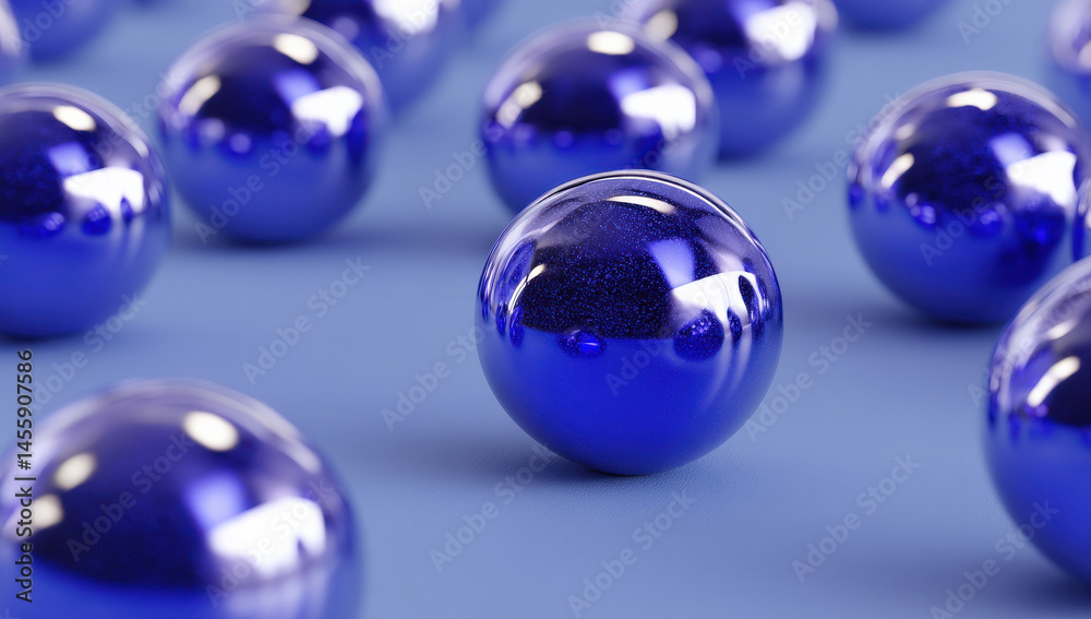 Leinwandbilder A collection of shiny cobalt blue spheres arranged on a subtle textured blue surface creating a visually appealing and minimalist scene. : Generative AI