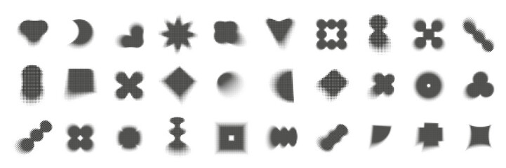 Halftone effect Y2K brutal shapes set. Collection of black dotted geometric elements
