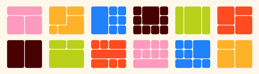 Rounded corners bento grid template set. Colorful trendy geometric layout collection. Pictures collage