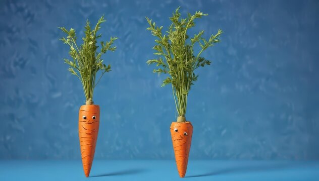 A whimsical cardboard carrot against a vibrant blue backdrop , marketing, cute, illustration