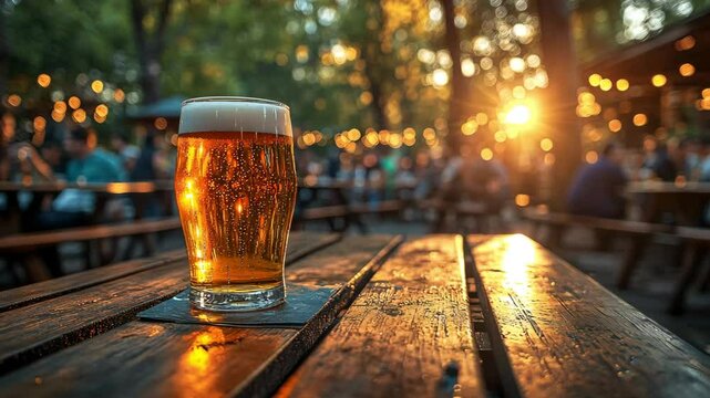 Golden beer in a sunlit outdoor space during a lively gathering in the evening