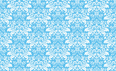 Floral pattern. Seamless vector background. Vintage wallpaper in the Baroque style. White and blue ornament for fabric, wallpaper, packaging. Ornate Damask flower illustration