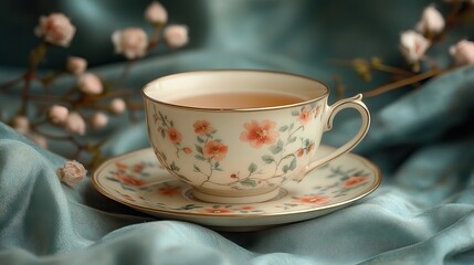 Delicate porcelain teacup sits on a saucer, adorned with intricate floral patterns in pastel shades.