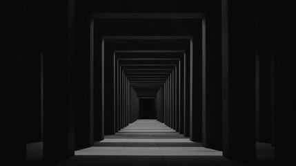 Obraz premium A long, narrow corridor with a high ceiling and evenly spaced columns.