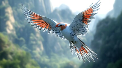 Fototapeta premium Flying bird with vibrant wings against a mountain backdrop