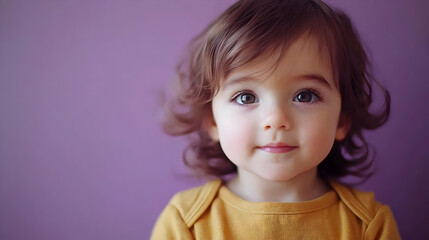 Naklejka premium Close-up portrait of a toddler girl with expressive eyes, a gentle smile, and curly brown hair against a mauve background. She's wearing a mustard-yellow top