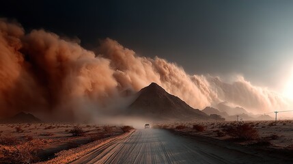 Fototapeta premium Dramatic photograph of a dust storm engulfing a desert landscape in a swirling cloud of sand.