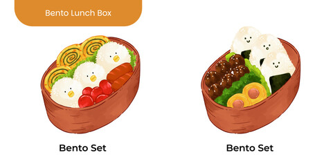 Illustration of a traditional Japanese bento lunch box featuring rice, vegetables, sushi, and side dishes. Colorful and detailed design perfect for food blogs, menu templates, or Asian cuisine