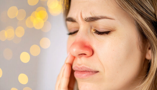 cara de una mujer con la nariz enrojecida y congestionada por alergia al polen de primavera