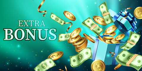 gift box open.money and gold coins explosion.money bundles and coins flying.extra bonus,discount,promotion,special offer,business and casino win concept advertising banner vector illustration.