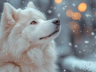 Majestic Samoyed in white fur and snowflake-patterned scarf, gazing at golden sunrise in snowy forest.