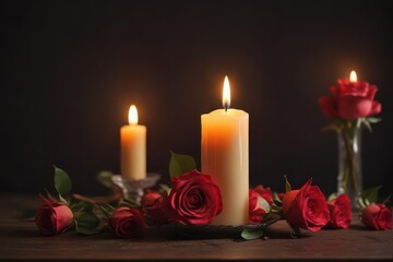 Intimate table, flickering candle, crimson rose, dark background, warm atmosphere ,  simple,  quiet,  glow