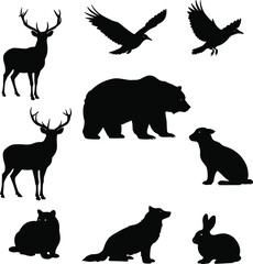 Black Silhouette North American Animals Vector Illustration Set.