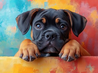 Curious puppy with floppy ears peeks through abstract cyan-mustard backdrop, glossy nose highlighting playful contrast.
