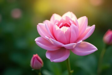 Obraz premium Soft pink flower, gentle petals unfurling in quiet garden space , stillness, beauty