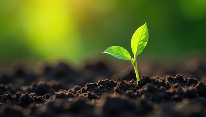 Fototapeta premium Vibrant green sprout emerging from dark soil, bathed in sunlight , horticulture, roots